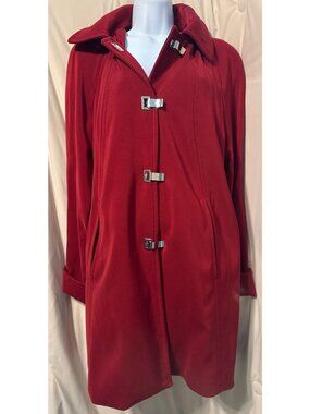 London Fog Red Trench Rain Coat Hooded Metal Toggles LG